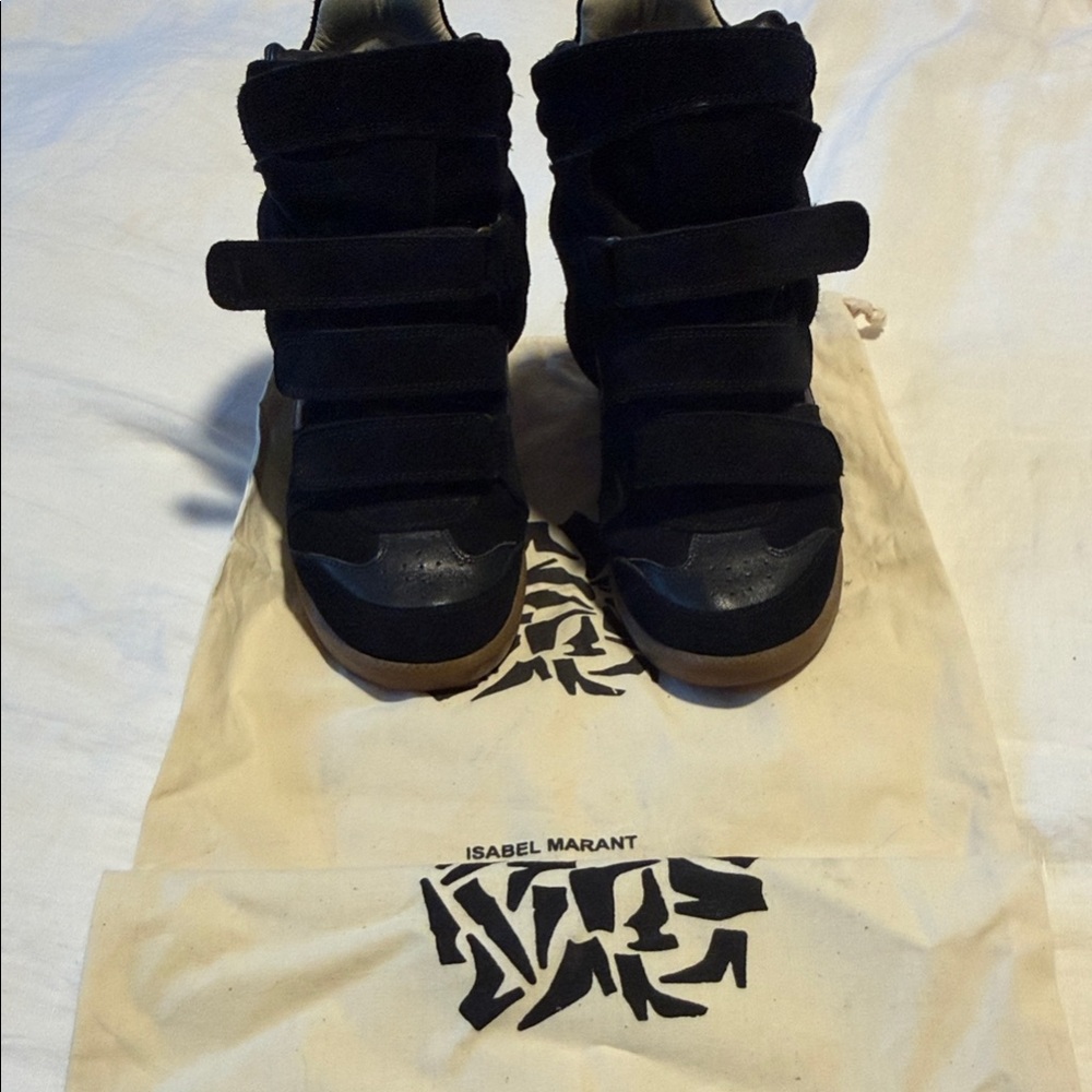 Isabel Marant Black Suede Hidden Wedge Velcro Sneakers-size 38